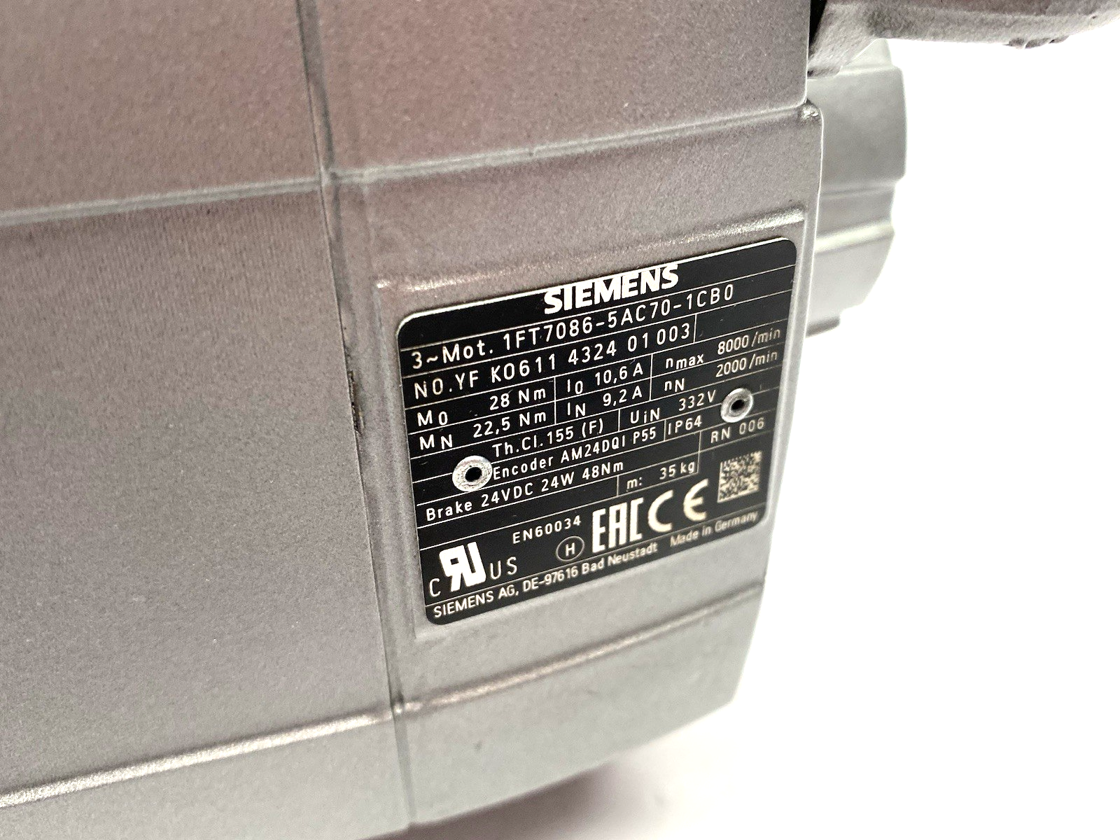 1FT7086-5AC70-1CB0 | Siemens SIMOTICS S Synchronous motor 1FT7, M0=28Nm (100K) - Used - Maverick Industrial Sales