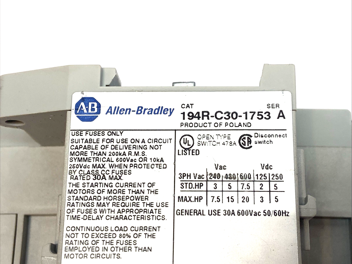Allen-Bradley 194R-C30-1753 Ser. A Disconnect Switch 3-Pole w/ 194R-PY Handle - Maverick Industrial Sales