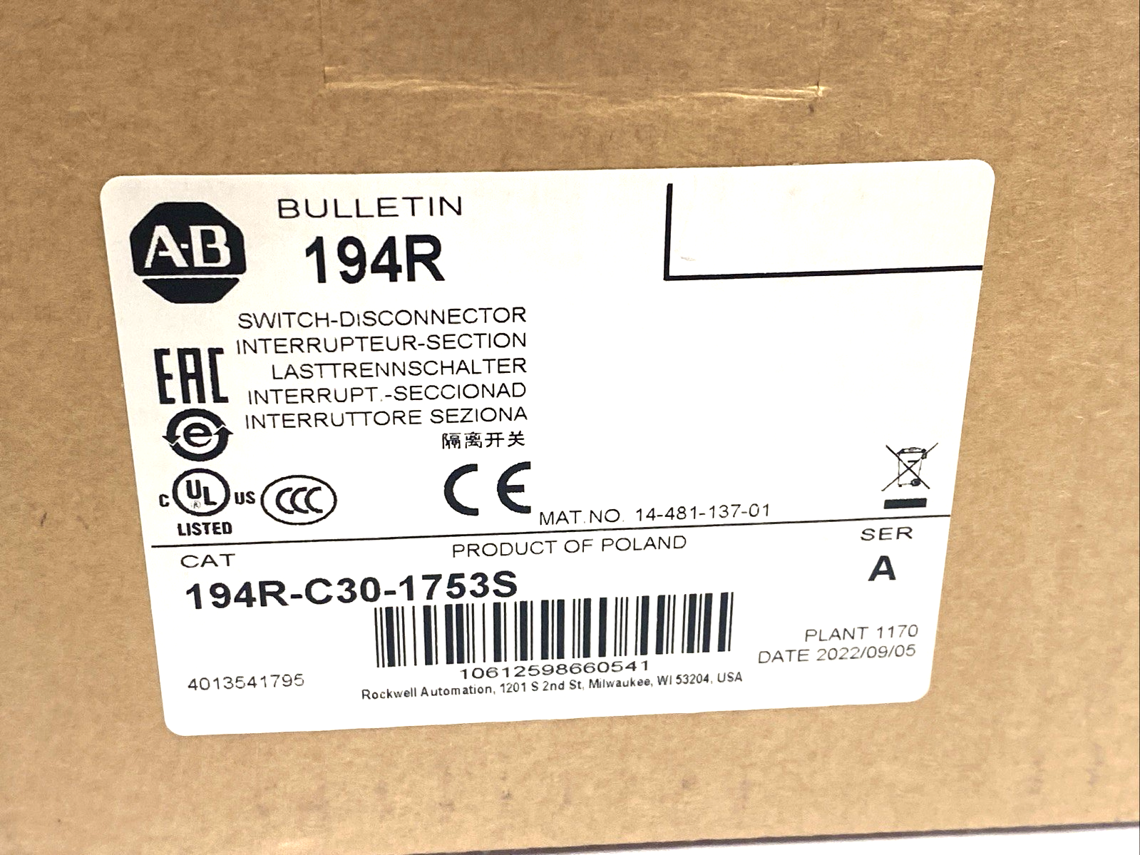 Allen Bradley 194R-C30-1753S Ser. A Disconnect Switch - Maverick Industrial Sales