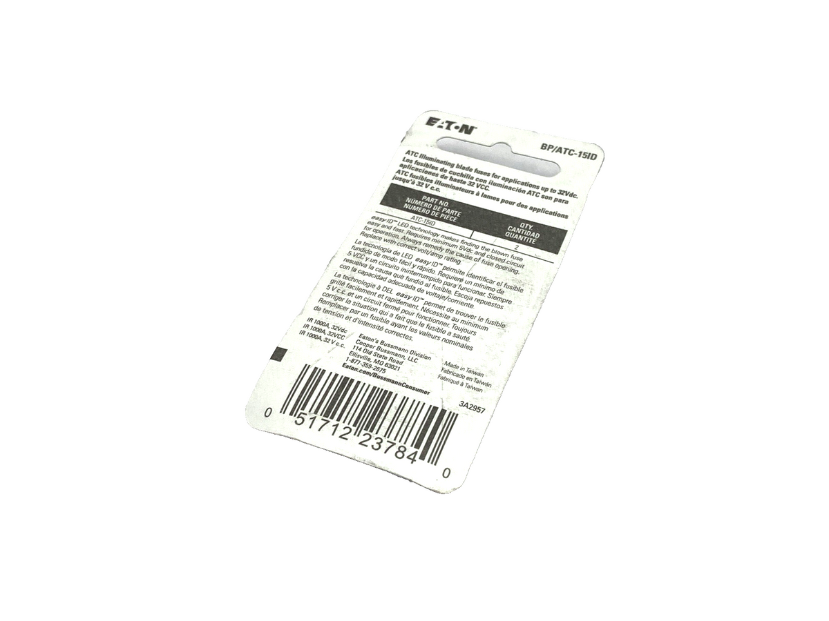 Eaton BP/ATC-15ID easyID Illuminating Blade Fuse 15A 2-PK, LOT OF 6, 12 TOTAL - Maverick Industrial Sales