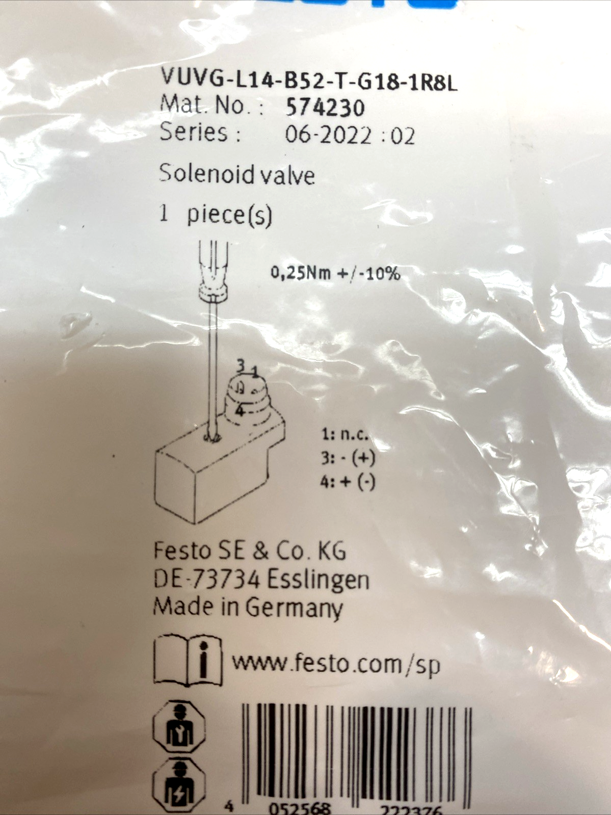 Festo VUVG-L14-B52-T-G18-1R8L Solenoid Valve Pneumatic, 24VDC, 5/2-Way 574230 - Maverick Industrial Sales