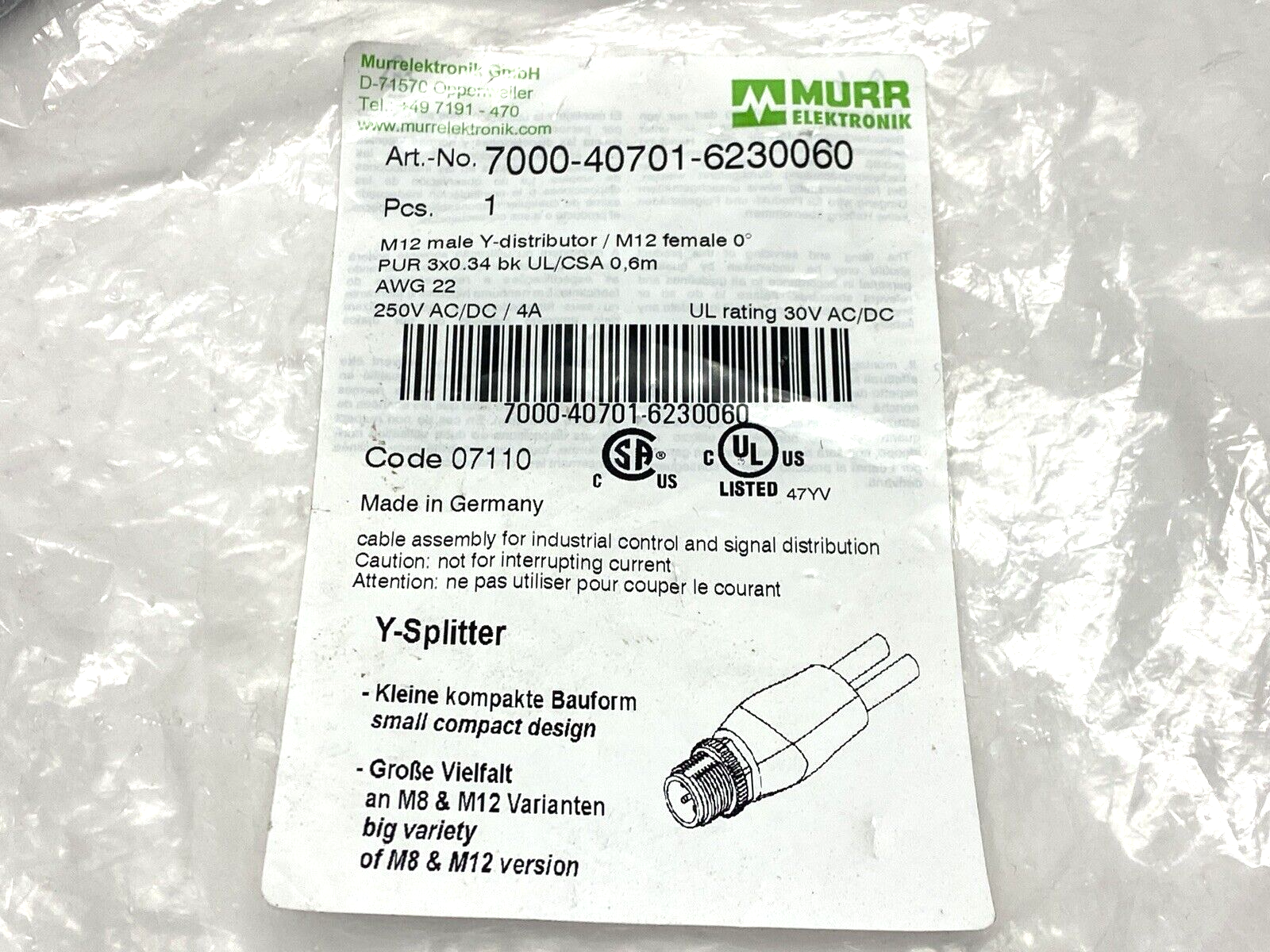 Murrelektronik 7000-40701-6230060 M12 Y-Splitter Male to Female - Maverick Industrial Sales