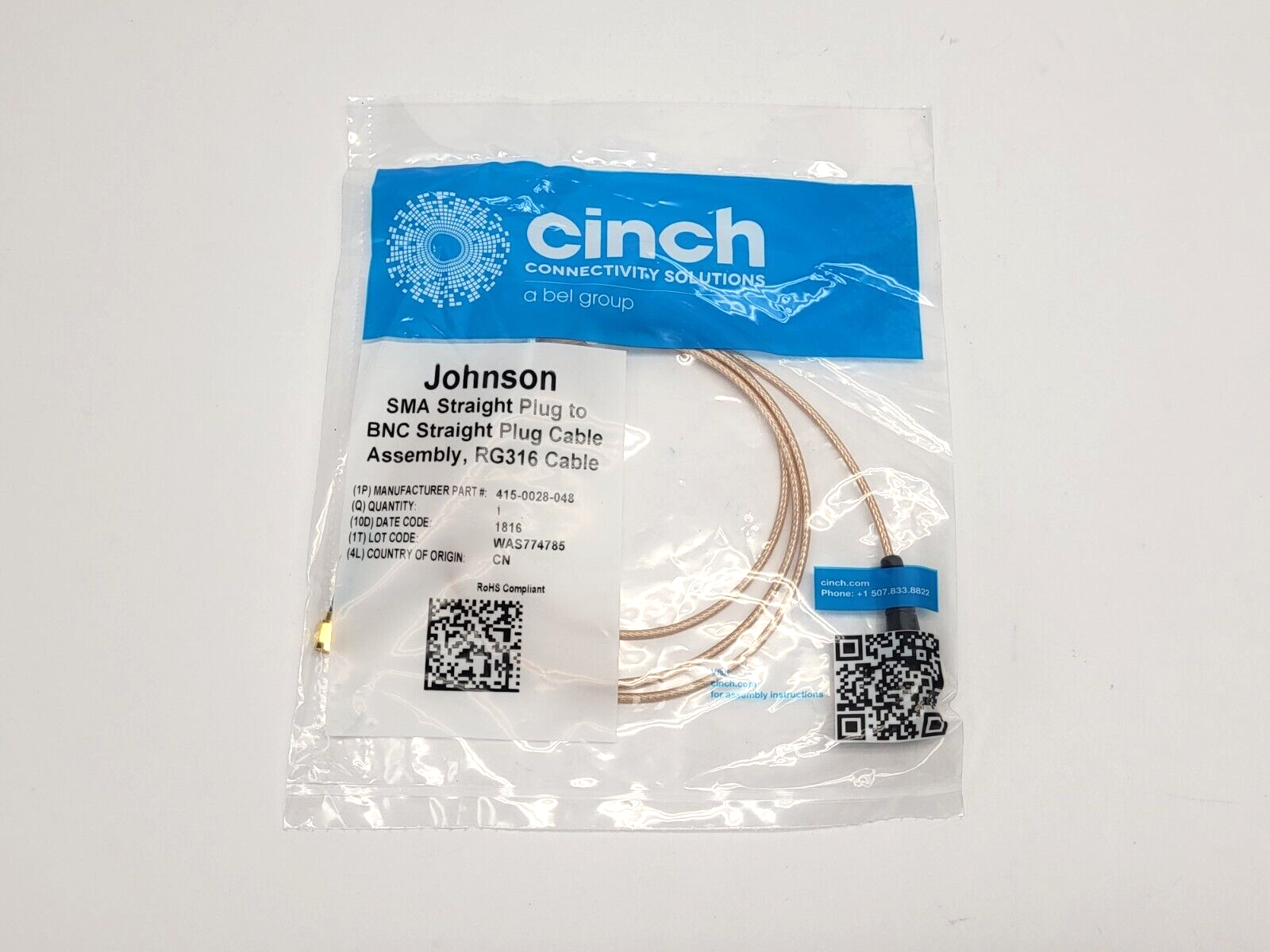 Cinch Connectivity 415-0028-048 SM Plug to BNC Plug Cable Assembly Coaxial Cable - New - Maverick Industrial Sales