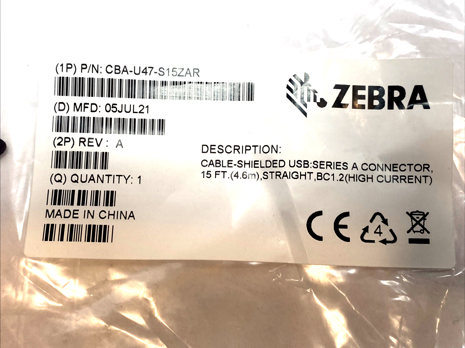 Zebra CBA-U47-S15ZAR Shielded USB Cable Series A, 15ft Straight, BC 1.2 - Maverick Industrial Sales
