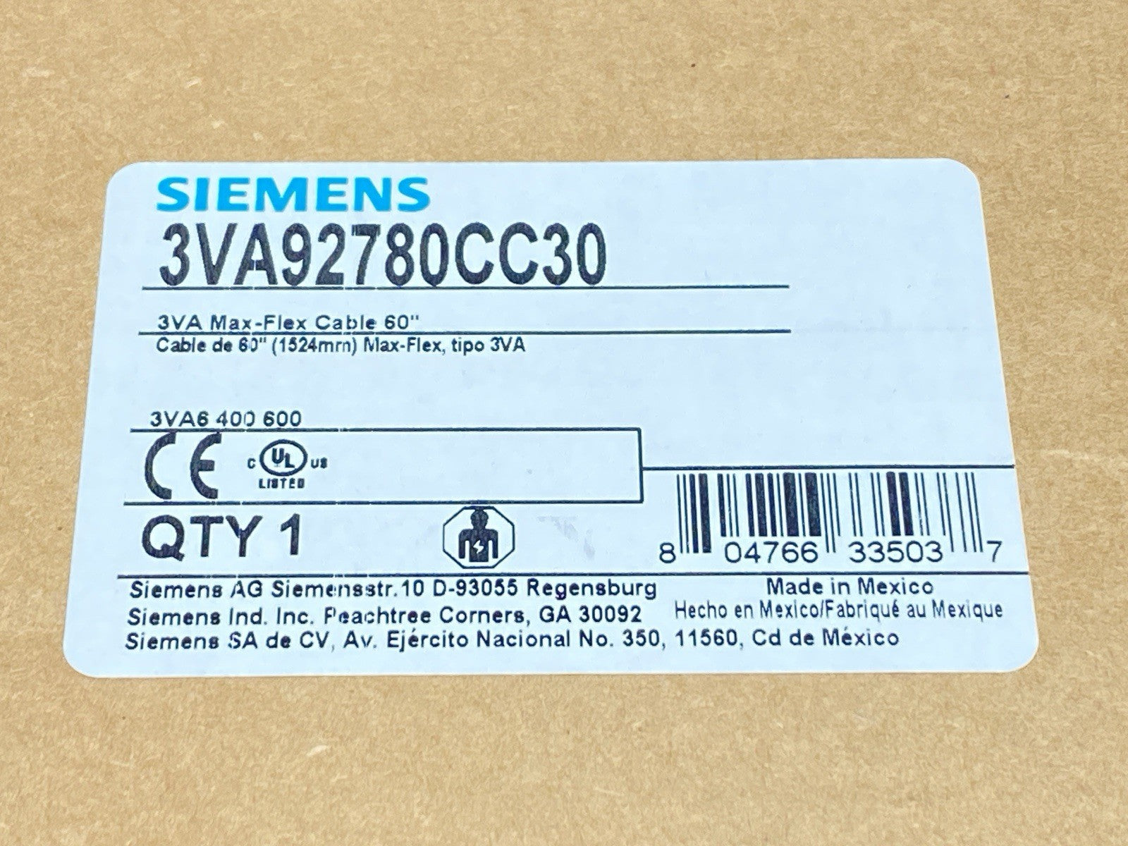Siemens 3VA9278-0CC30 Circuit Breaker Max-Flex Cable 60" - Maverick Industrial Sales