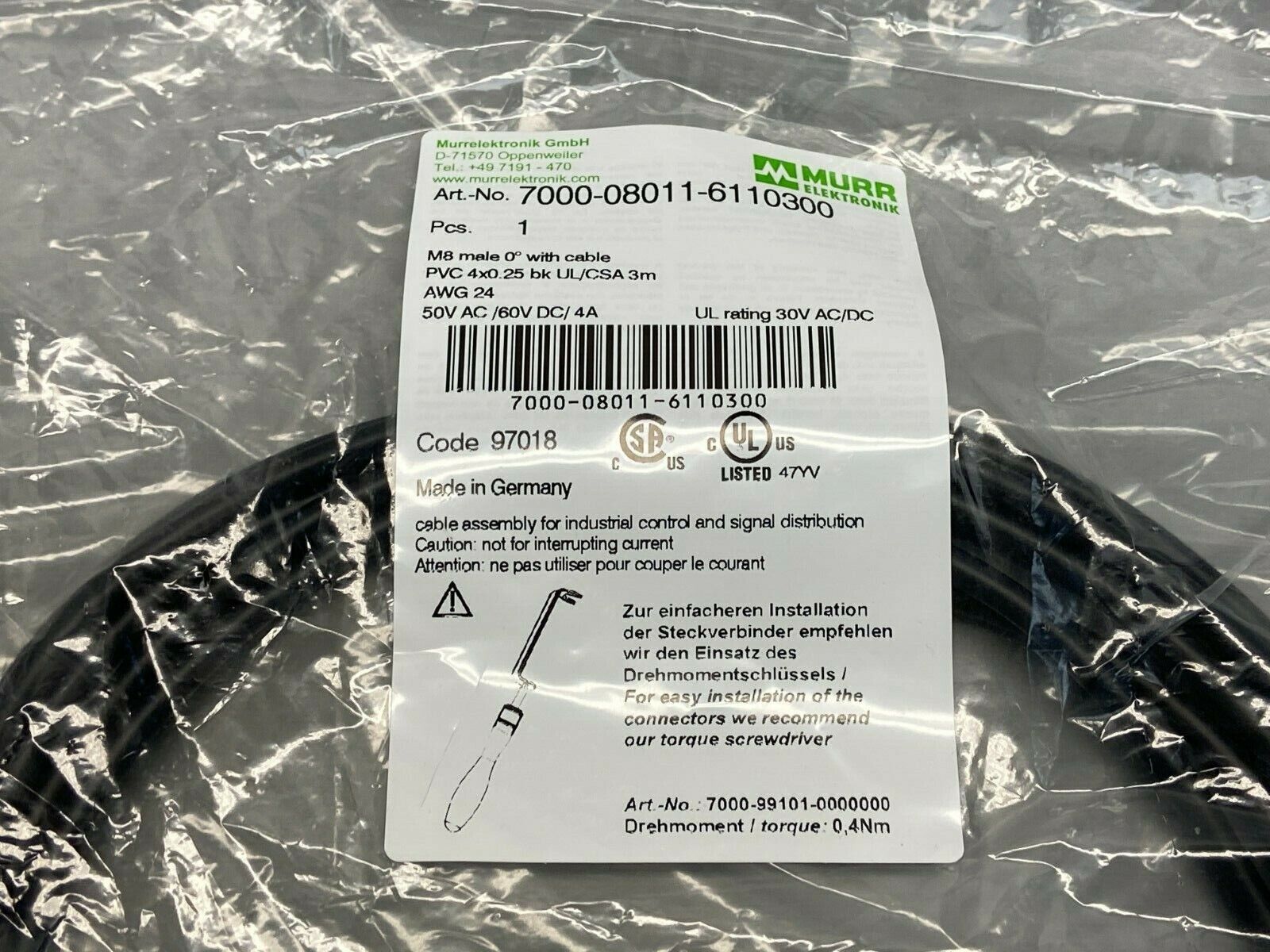 Murr Elektronik 7000-08011-6110300 Single-Ended Cordset - Maverick Industrial Sales