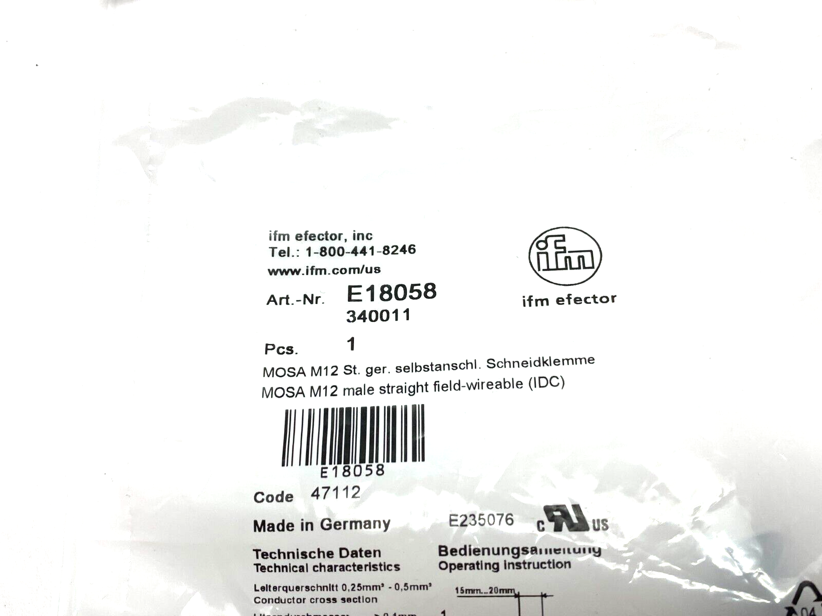 Ifm Efector E18058 Straight M12 Male Field Wireable Connector 4-Pin 340011 - Maverick Industrial Sales