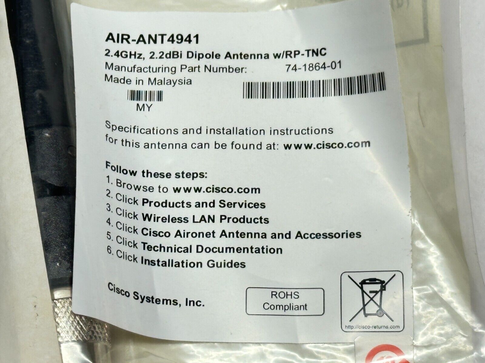 Cisco 74-1864-01 Dipole Antenna 2.4GHz 2.2dBi w/ RP-TNC AIR-ANT4941 LOT OF 2 - Maverick Industrial Sales