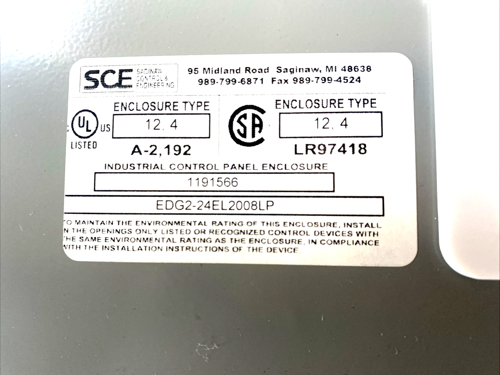 SCE-24EL2008LP | Saginaw Enviroline Enclosure 24x20x8 NEMA 3R/4/12 IP66 - Used - Maverick Industrial Sales
