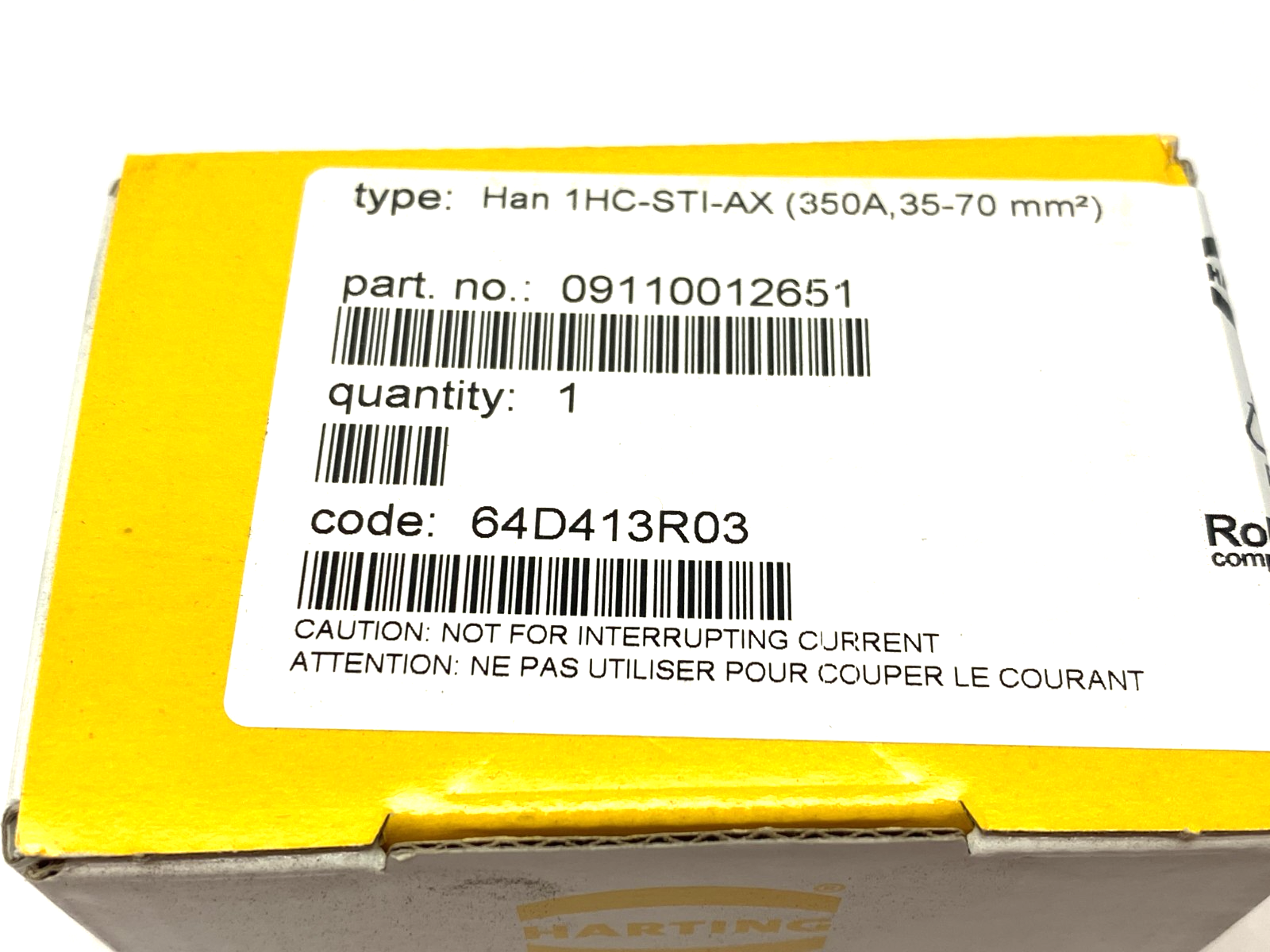 Harting 09110012651 Modular Male Insert 1-Pos Han 1HC-sti-AX (350A,35-70mm2) - Maverick Industrial Sales
