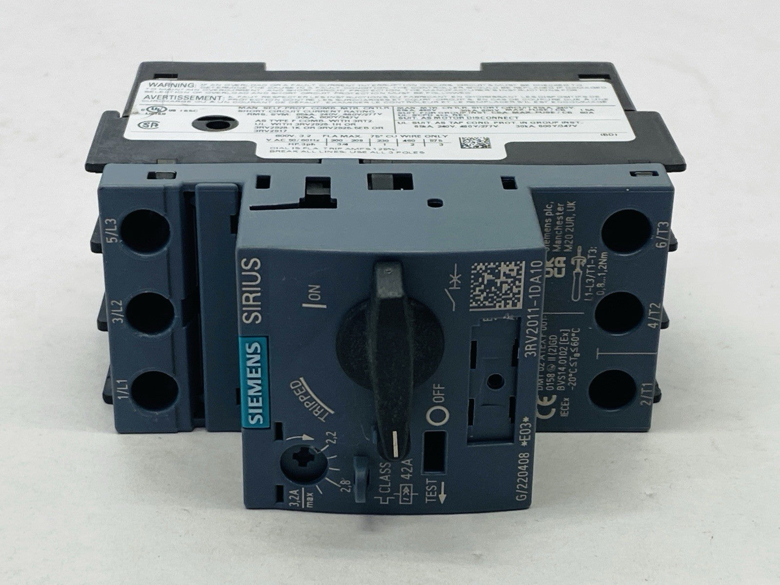 Siemens 3RV2011-1DA10 SIRIUS Circuit Breaker 3-Pole Class 10 2.2-3.2A 42A - Maverick Industrial Sales