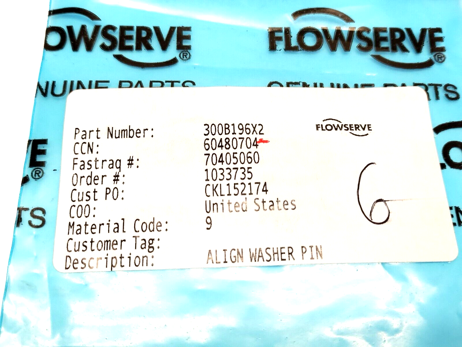 | Flowserve 300B196X2 Align Washer Pins 60480704 LOT OF 6 - New - Maverick Industrial Sales