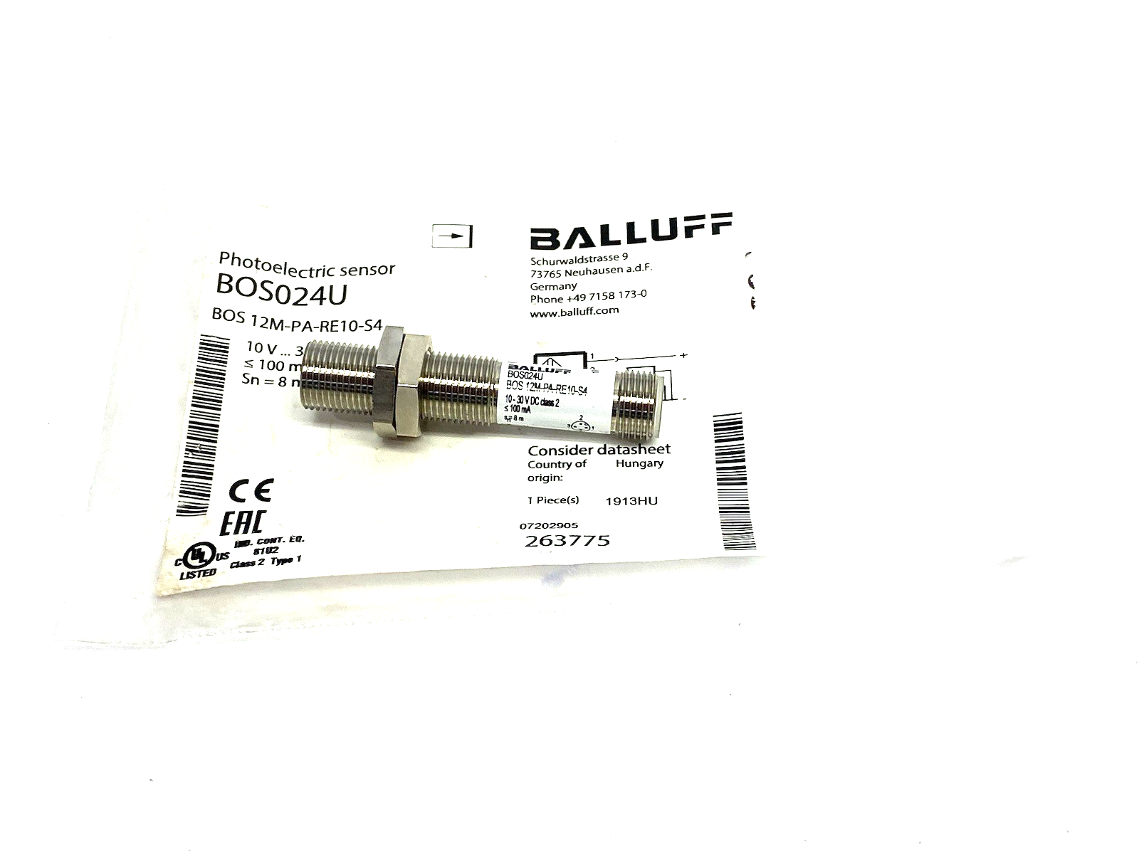 BOS024U | Balluff Through-beam Photoelectric Sensor Cylindrical BOS 12M-PA-RE10-S4 - New – Open box - Maverick Industrial Sales