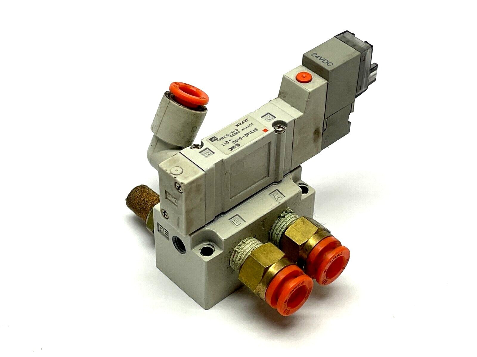 SY3140-5LOU-01T | SMC Solenoid Valve w/ SY3000-27-1 Manifold Base - Used - Maverick Industrial Sales