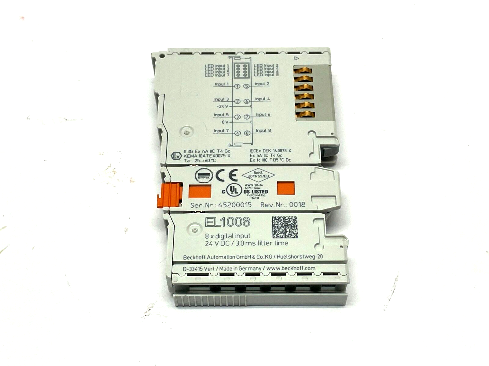 Beckhoff EL1008 EtherCAT Terminal, 8-channel digital input, 24 V DC, 3 ms - Maverick Industrial Sales