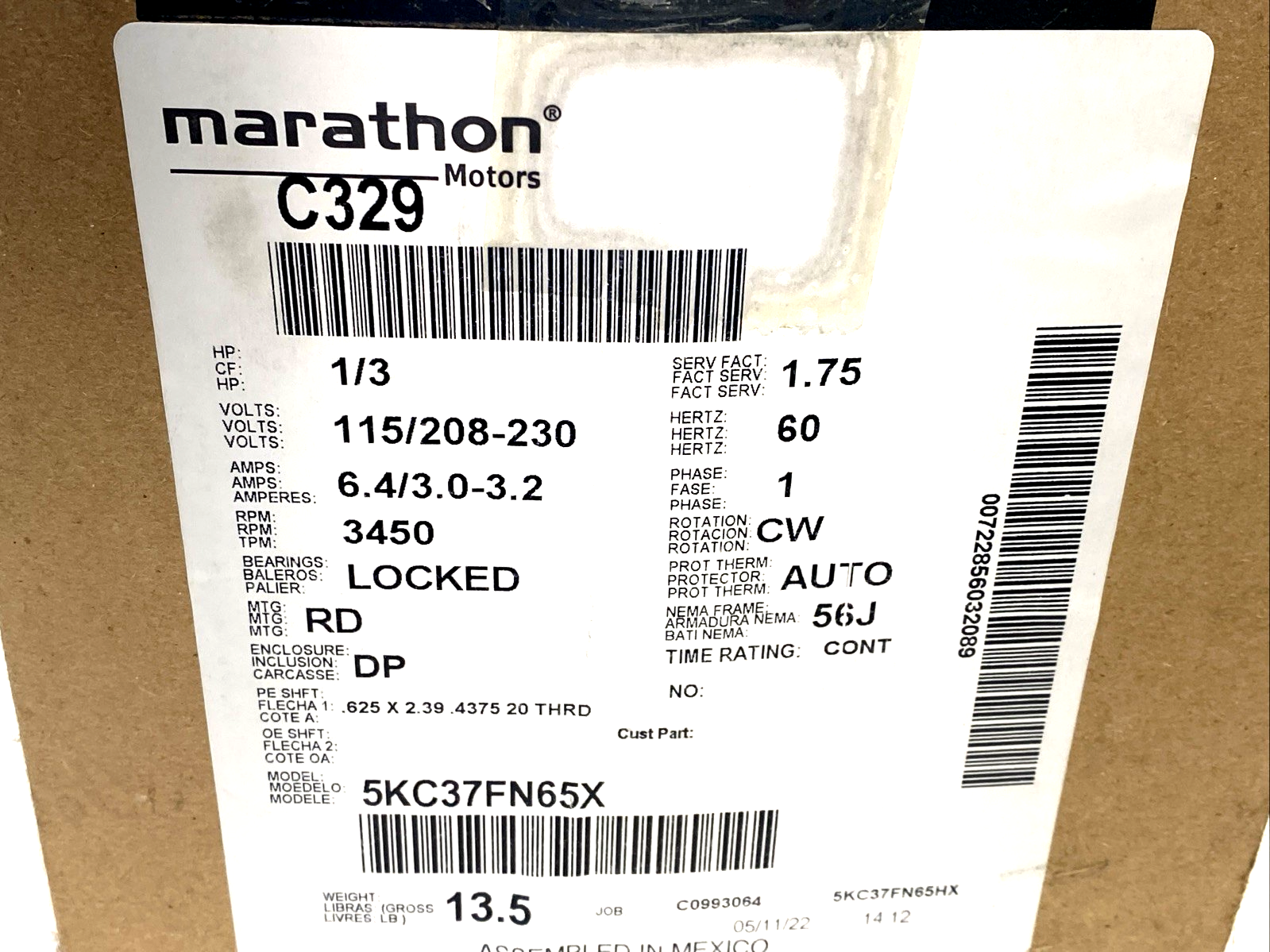 C329 | Marathon Pump Motor 1/3 HP 1PH 115/208-230V 56J 5KC37FN65X, 5KC37FN65HX - New – Open box - Maverick Industrial Sales