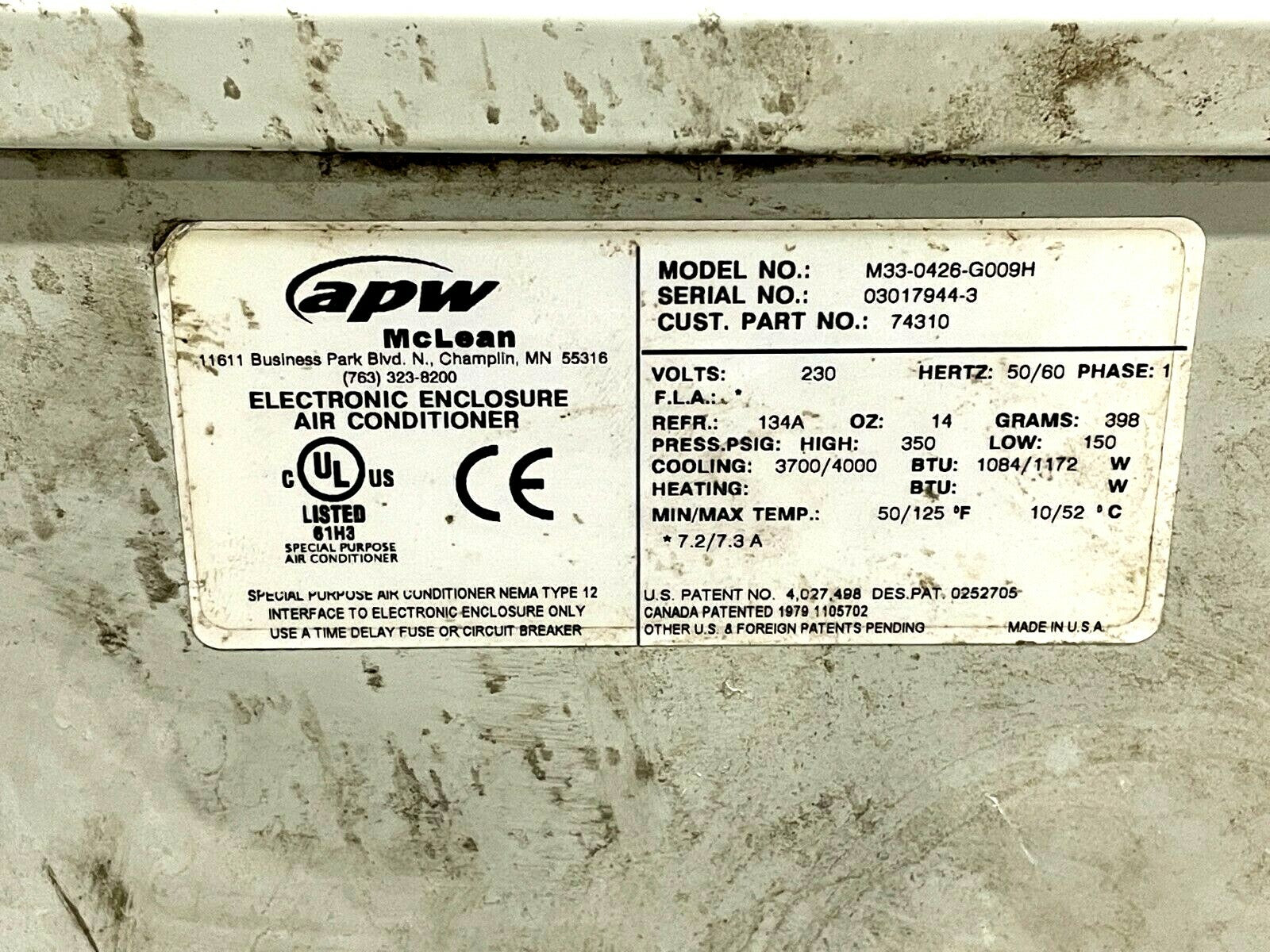 Hoffman APW Mclean M33-0426-G009H Air Conditioner 4000BTU 230V - Maverick Industrial Sales