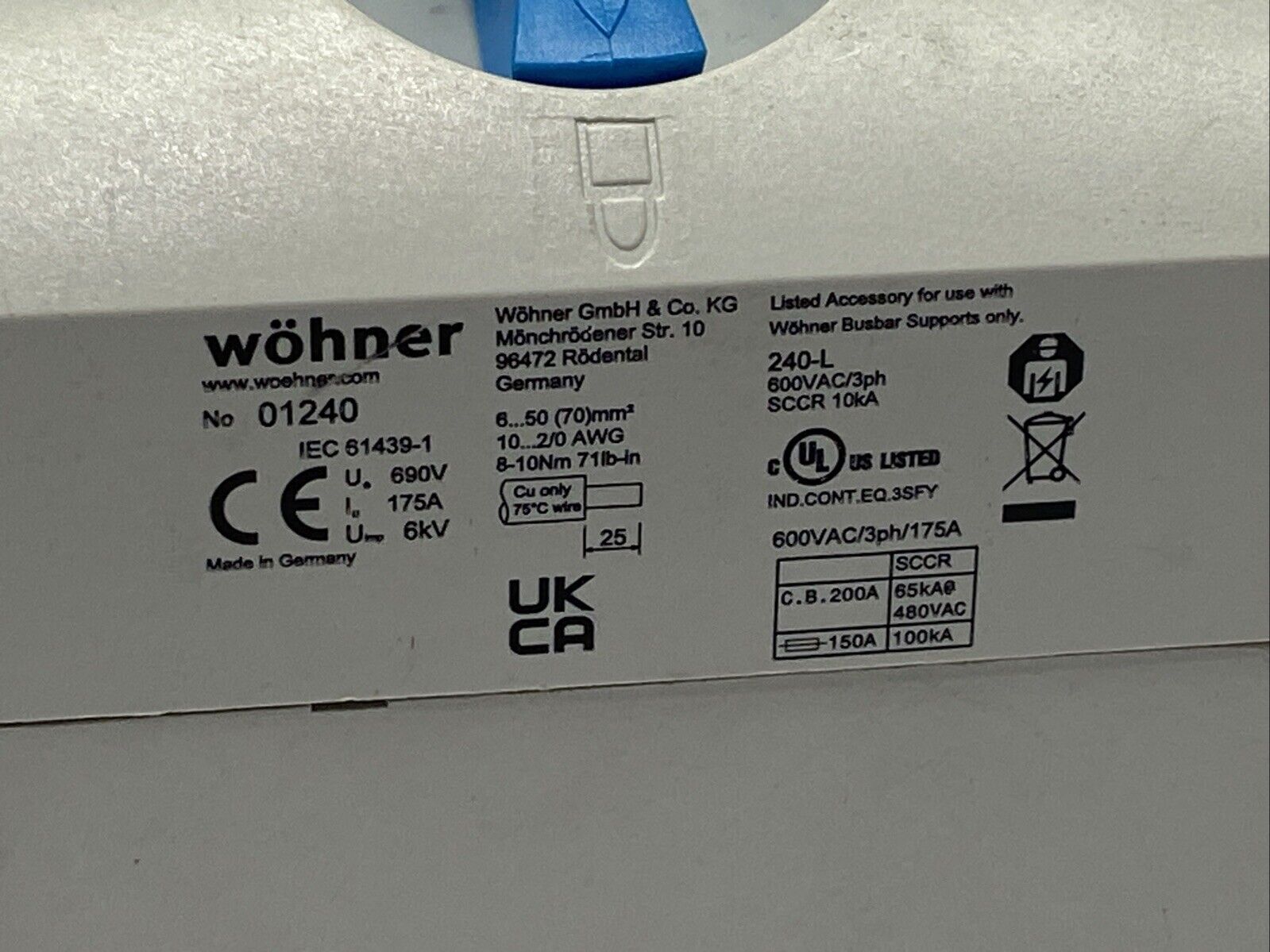 Wohner 01240 Connection Terminal Plate 3-Pole 175A 690V - Maverick Industrial Sales