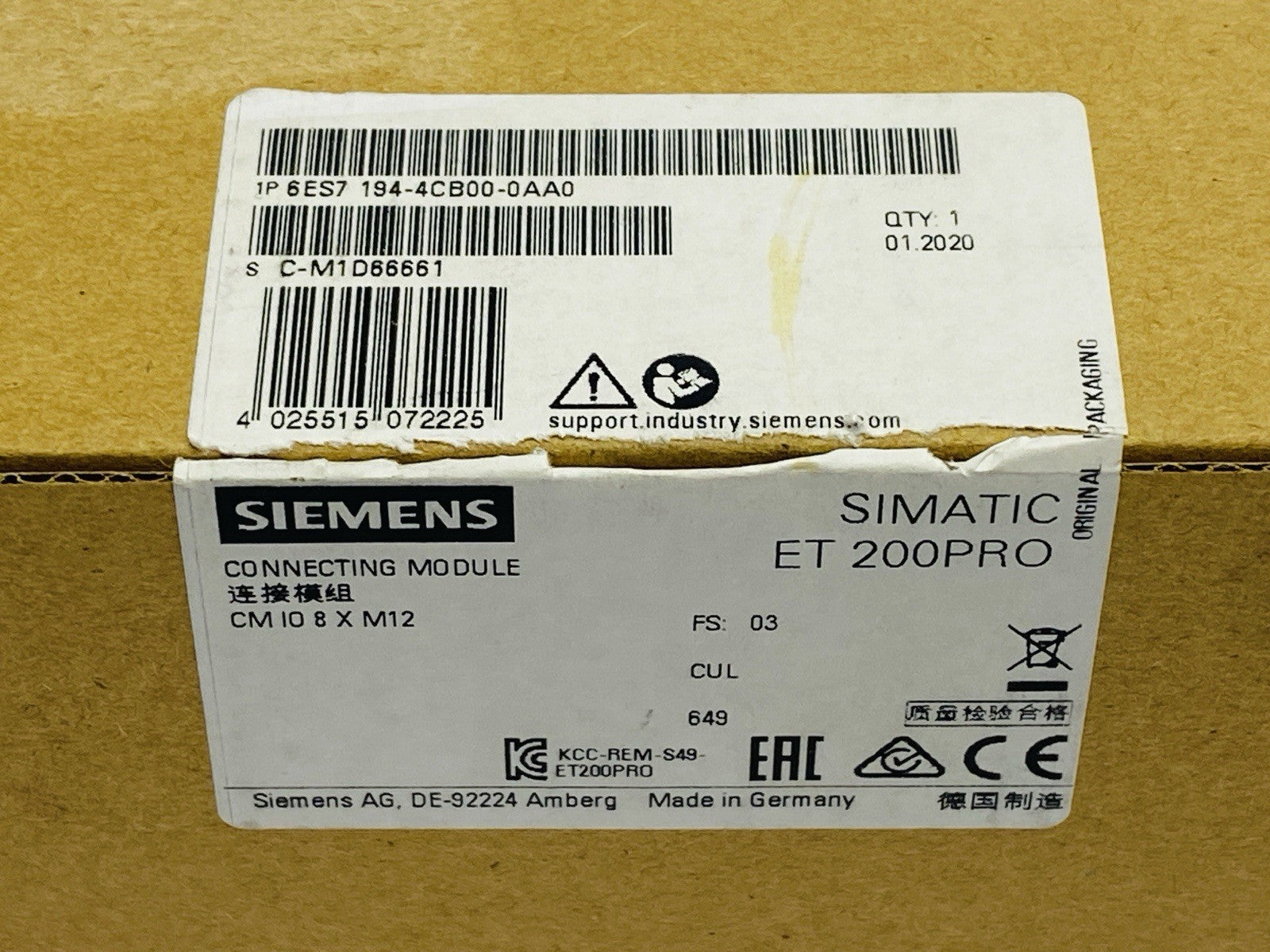 Siemens 6ES7194-4CB00-0AA0 SIMATIC ET 200PRO Connecting Module CM IO 8xM12 - Maverick Industrial Sales