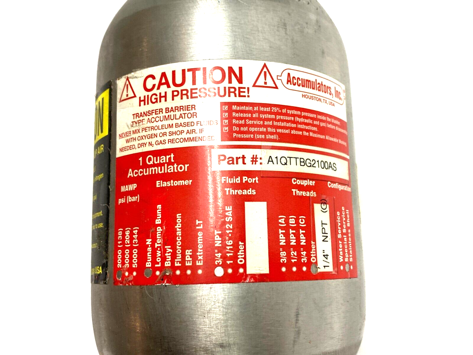 Accumulators Inc A1QTTBG2100AS High Pressure Accumulator 1 Qt 2,000psi 3/4" NPT - Maverick Industrial Sales