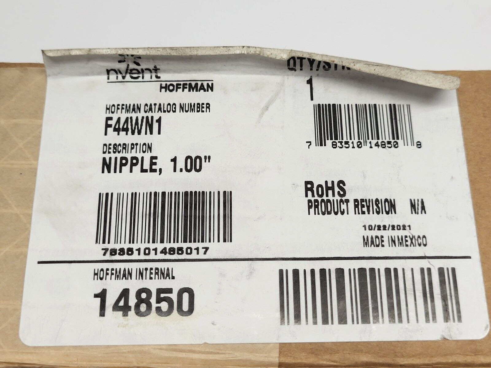 Hoffman F44WN1 Nipple Feed-Through Wireway 4" x 4" x 1" 14850 - Maverick Industrial Sales
