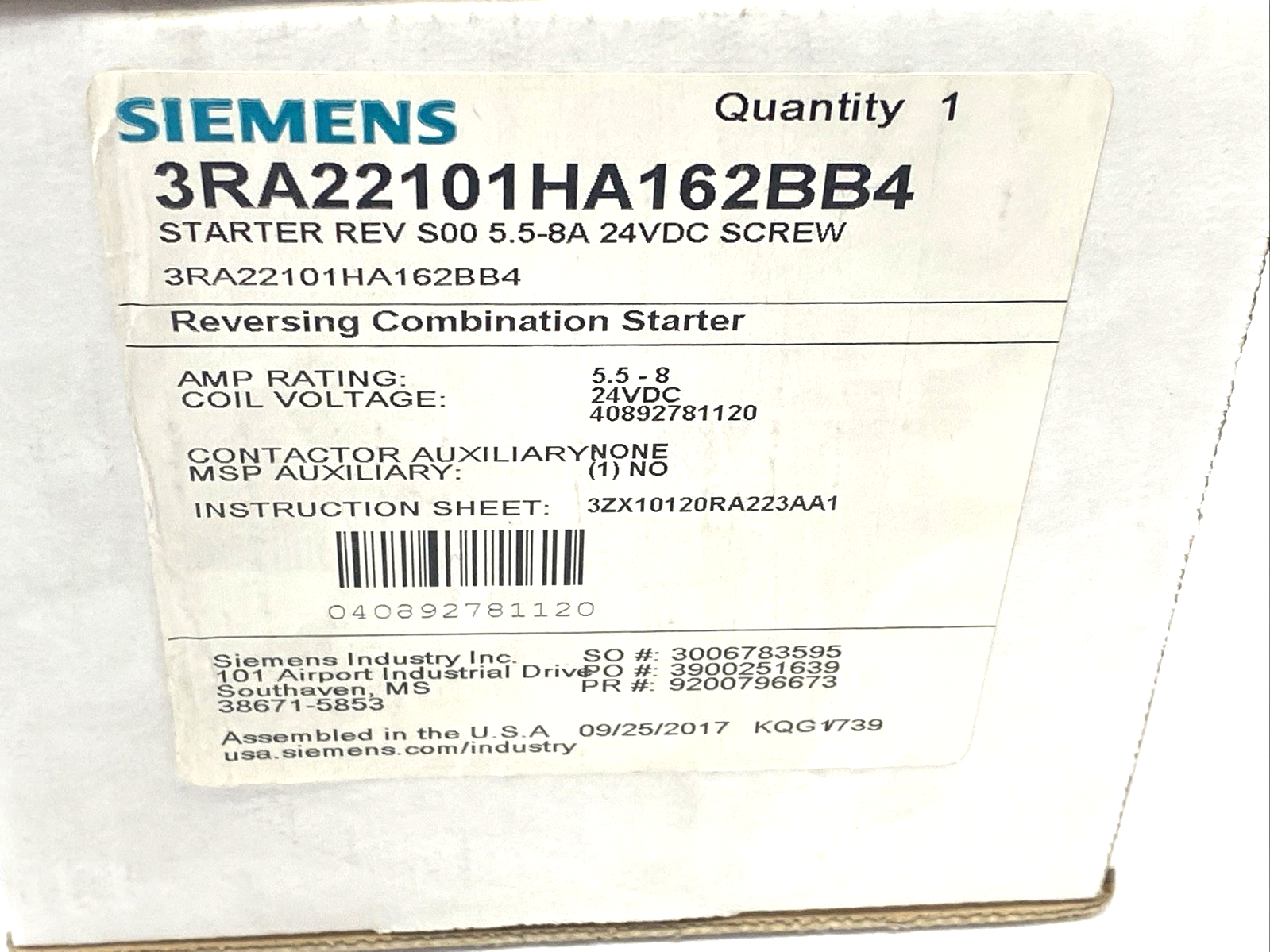 Siemens 3RA22101HA162BB4 Motor Starter 5.5-8A 24VDC 1NO Aux - Maverick Industrial Sales