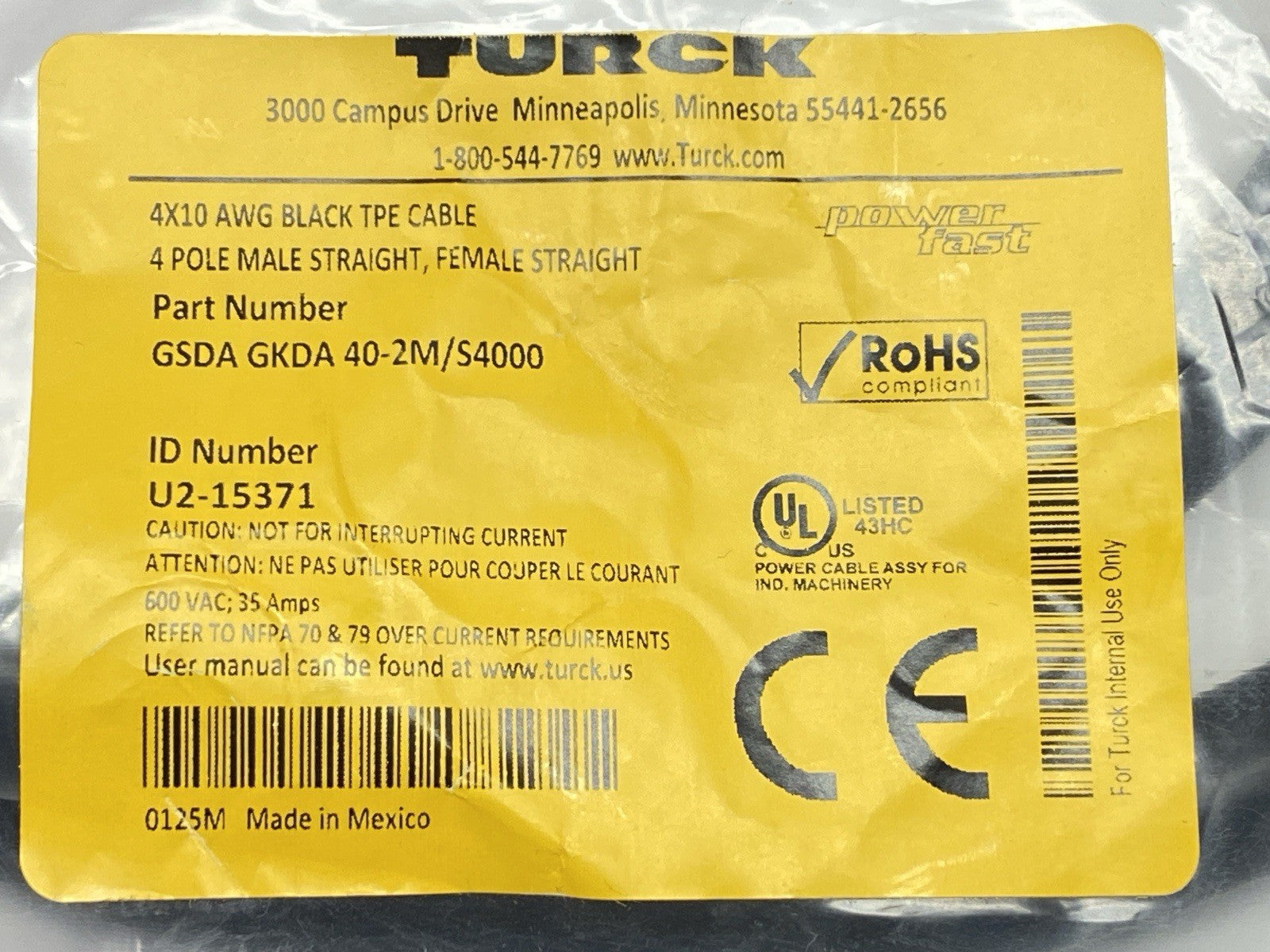 GSDA GKDA 40-2M/S4000 | Turck Power Cordset 1-3/8" 4-Pin Male / Female 2m U2-15371 - New - Maverick Industrial Sales