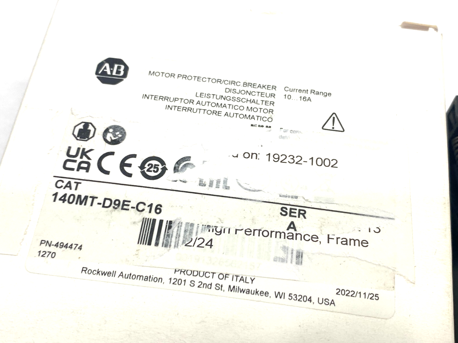 140MT-D9E-C16 | Allen Bradley Ser. A Motor Protection Breaker 10-16A - New – Open box - Maverick Industrial Sales