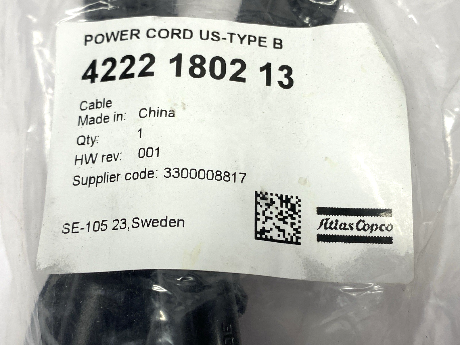 Atlas Copco 4222 1802 13 Power Cord US-Type B - Maverick Industrial Sales