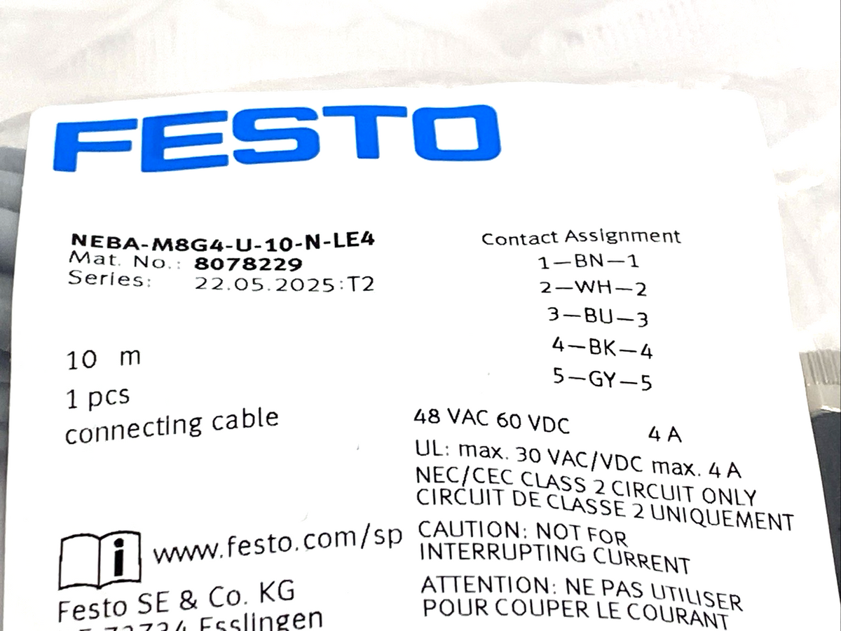 NEBA-M8G4-U-10-N-LE4 | Festo Connecting Cable M8 Female 4-Pin 10m 8078229 - New - Maverick Industrial Sales
