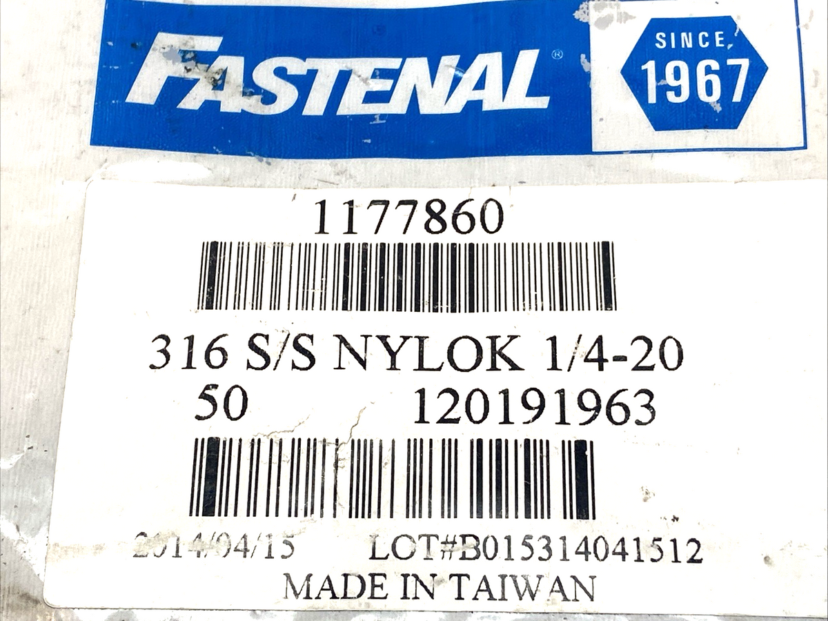 Fastenal 1177860 Nylon Insert Lock Nut Stainless Steel 1/4"-20 PACK OF 50 - Maverick Industrial Sales