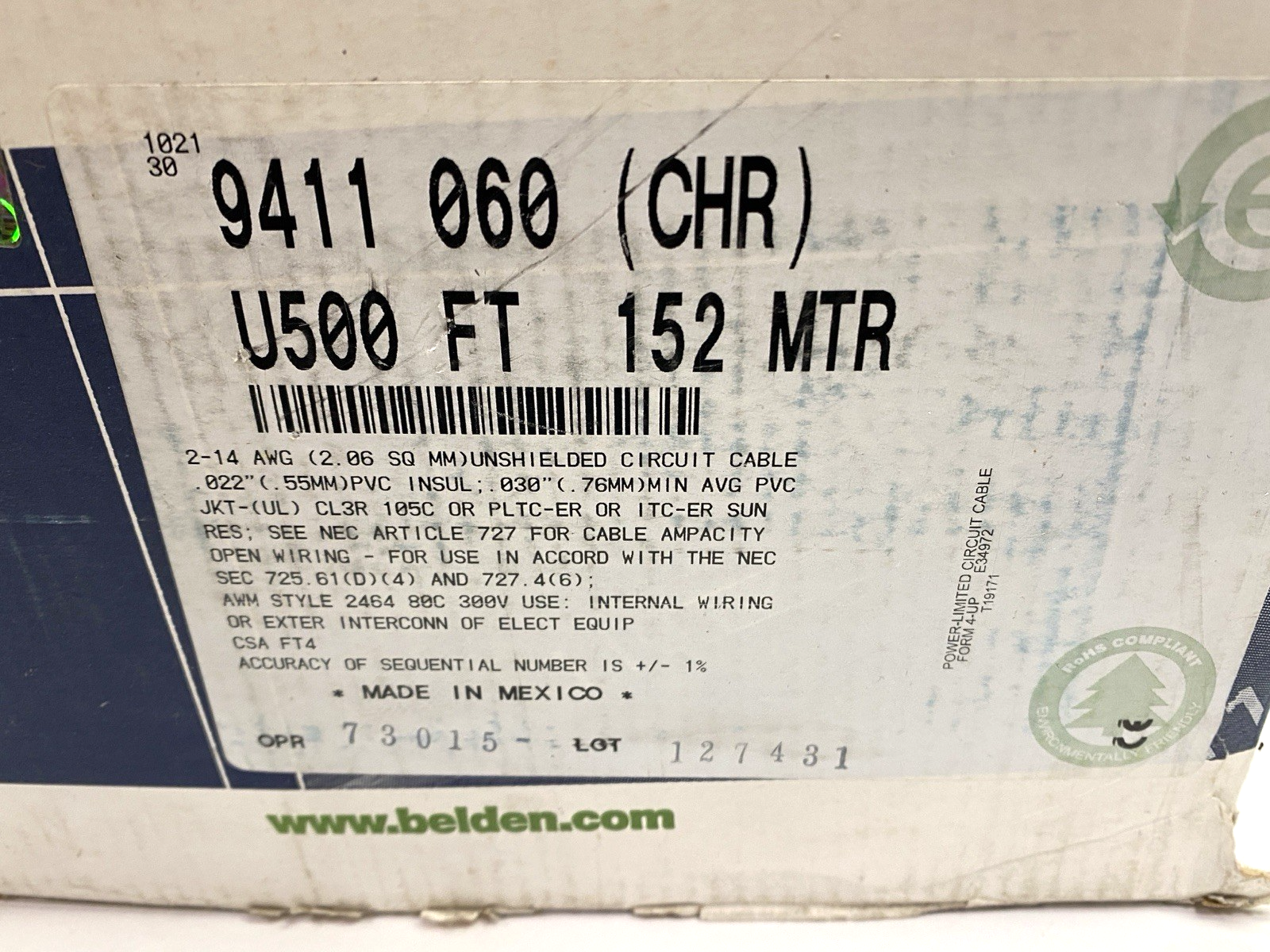 9411 060U500 | Belden Multi Conductor Cable 1Pr/14AWG 42x30 PVC Chrome LOT OF 250' - New Other - Maverick Industrial Sales