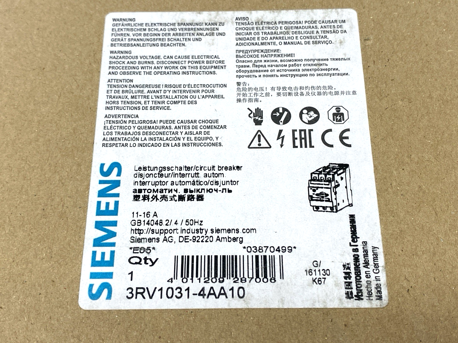 Siemens 3RV1031-4AA10 Circuit Breaker 11-16A - Maverick Industrial Sales