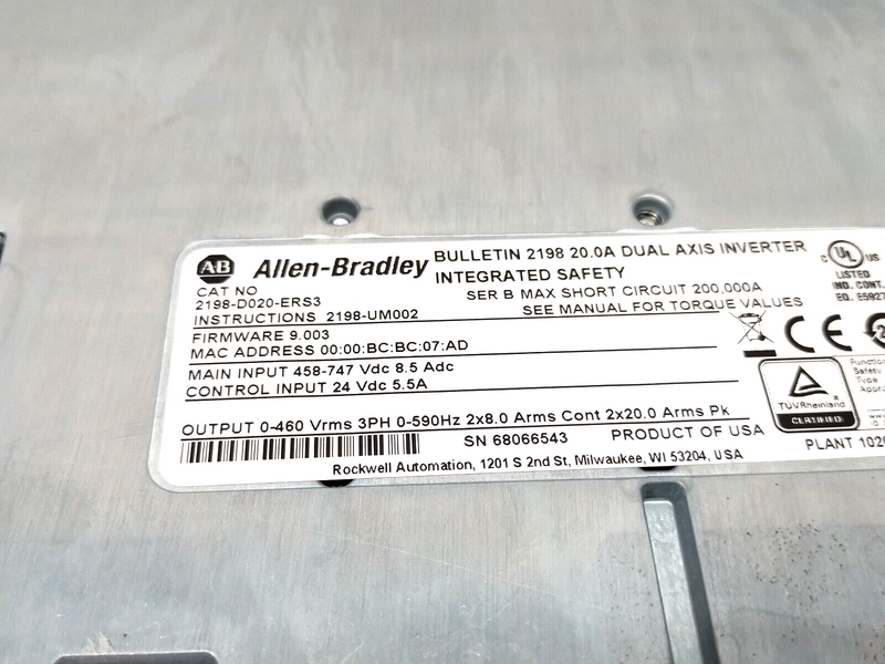 Allen Bradley 2198-D020-ERS3 Ser. B FW 9.003 Kinetix 5700 Dual Axis Inverter - Maverick Industrial Sales