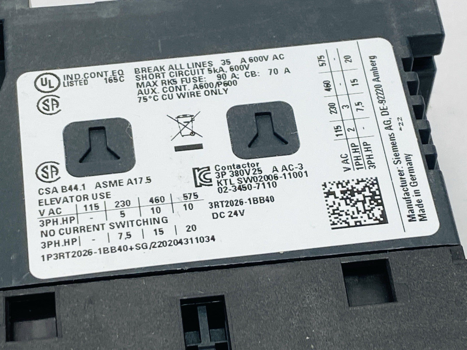 Siemens 3RT2026-1BB40 Power Contactor 3-Pole 25A 11kW 400V 24VDC - Maverick Industrial Sales