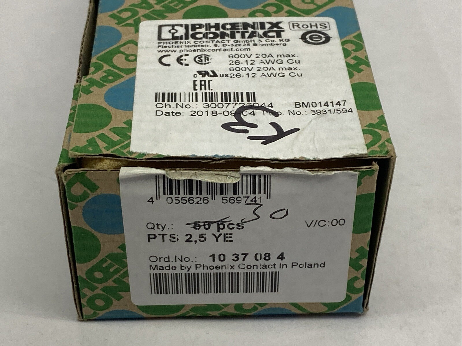 Phoenix Contact PTS 2,5 YE Feed-Through Terminal Block Yellow 1037084 LOT OF 22 - Maverick Industrial Sales