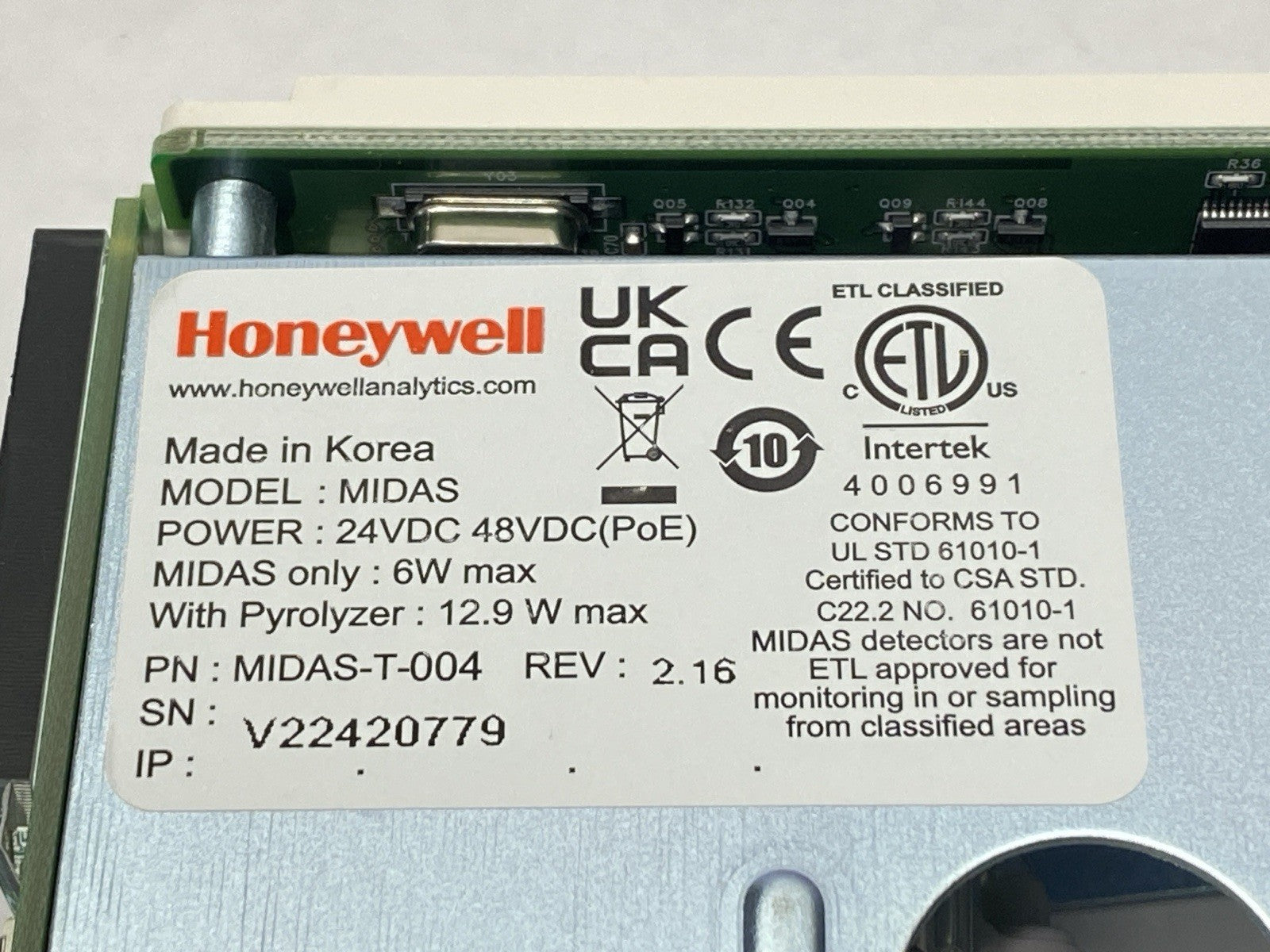 MIDAS-T-004 | Honeywell Midas Gas Detector w/ MIDAS-L-O2S Cartridge - Used - Maverick Industrial Sales