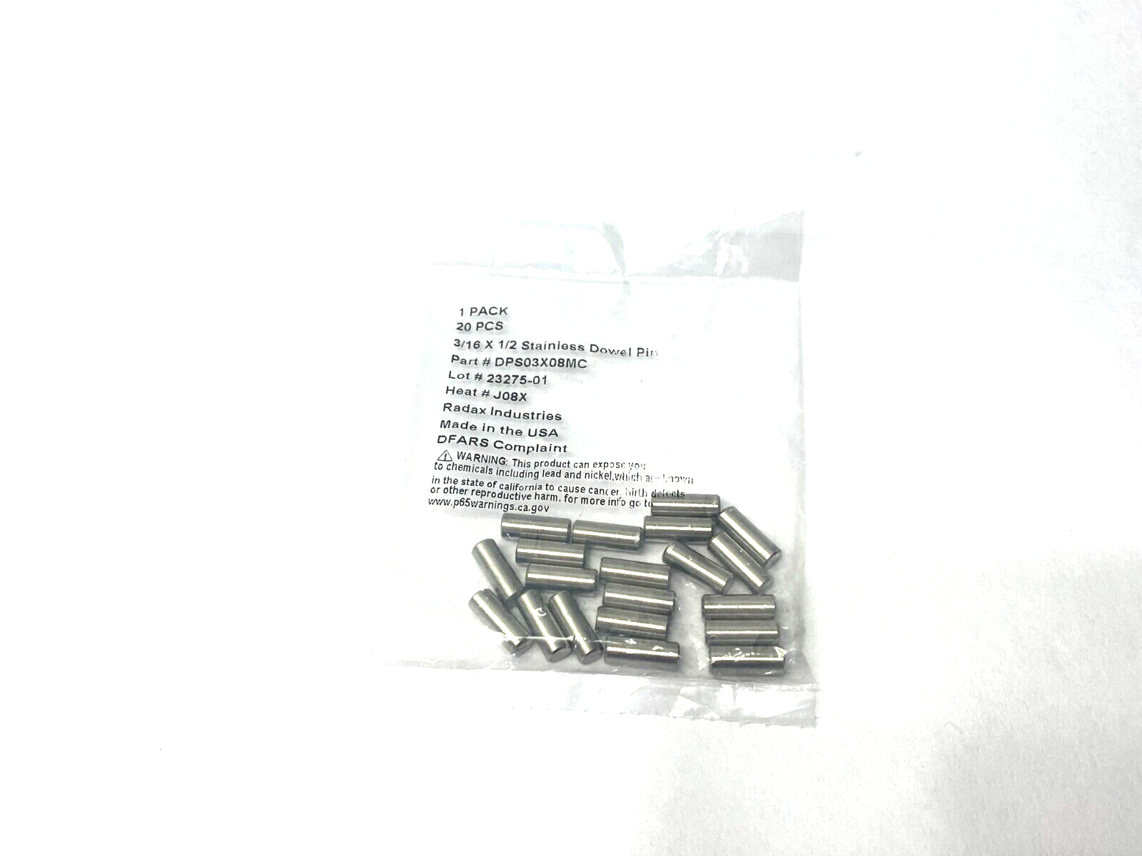 Radax Industries DPS03X08MC Stainless Steel Dowel Pin 3/16" x 1/2" PKG OF 20 - Maverick Industrial Sales