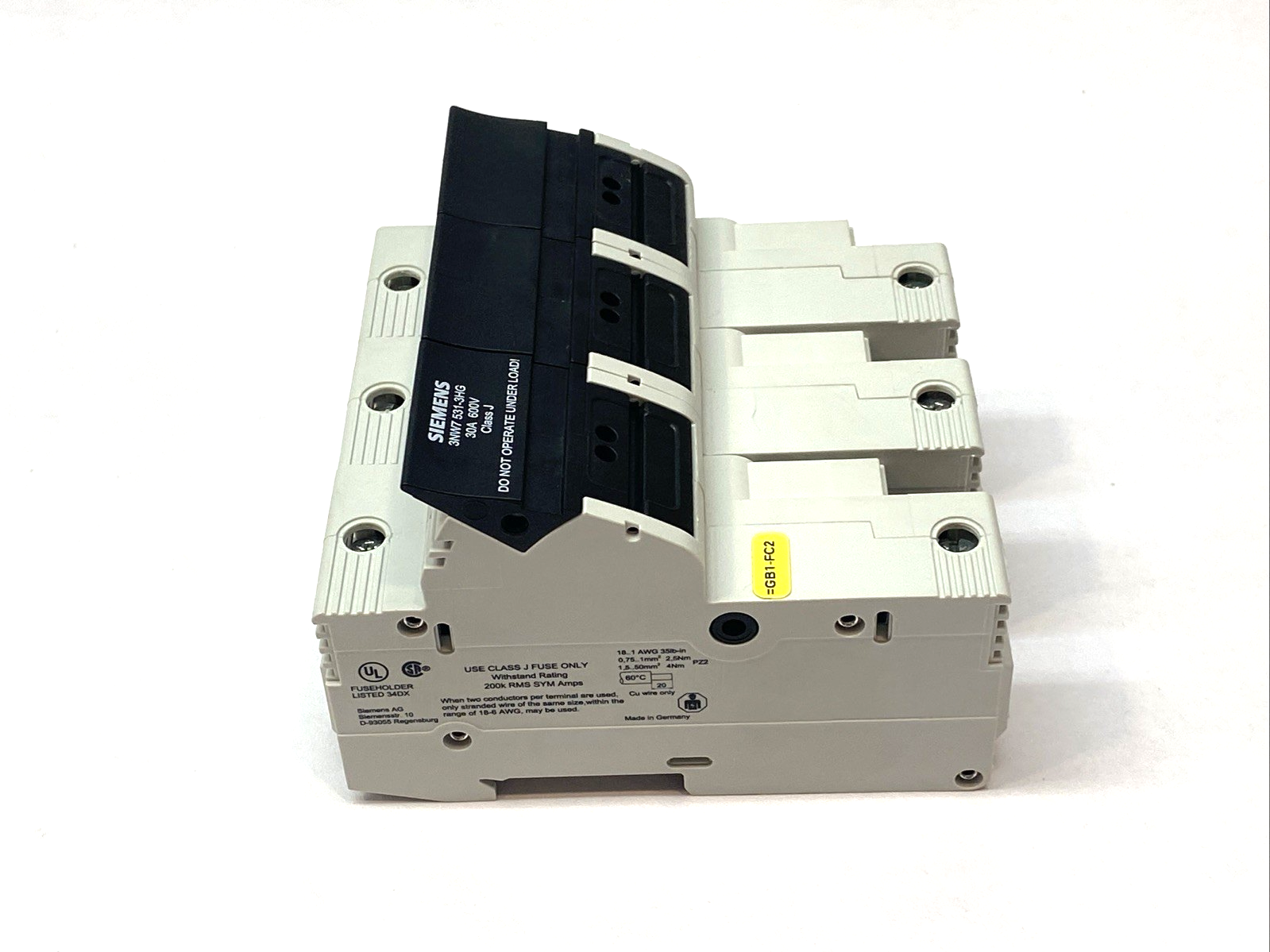 Siemens 3NW7 531-3HG Fuse Holder Class J 30A 600V w/ 3x Bussman LPJ-4SP Fuses - Maverick Industrial Sales