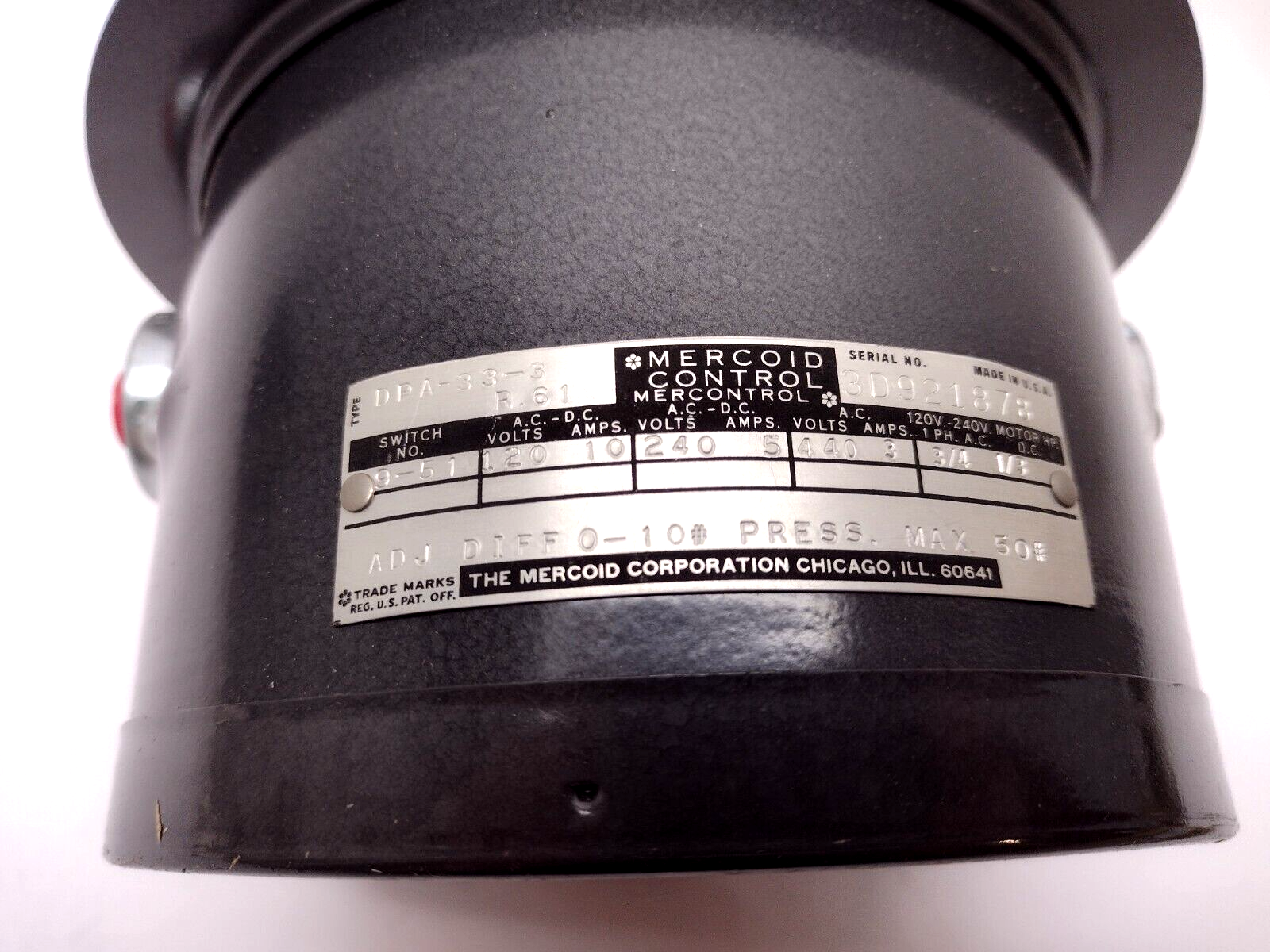 Mercoid DPA-33-3 R.61 Mercontrol Pressure Switch 0-10lb Pressure, 50lb Max - Maverick Industrial Sales