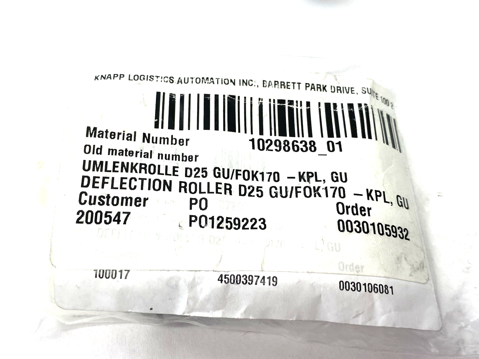 Knapp 10298638 Deflection Roller Umlenkrolle D25 GU/FOK170-KPL, GU - Maverick Industrial Sales