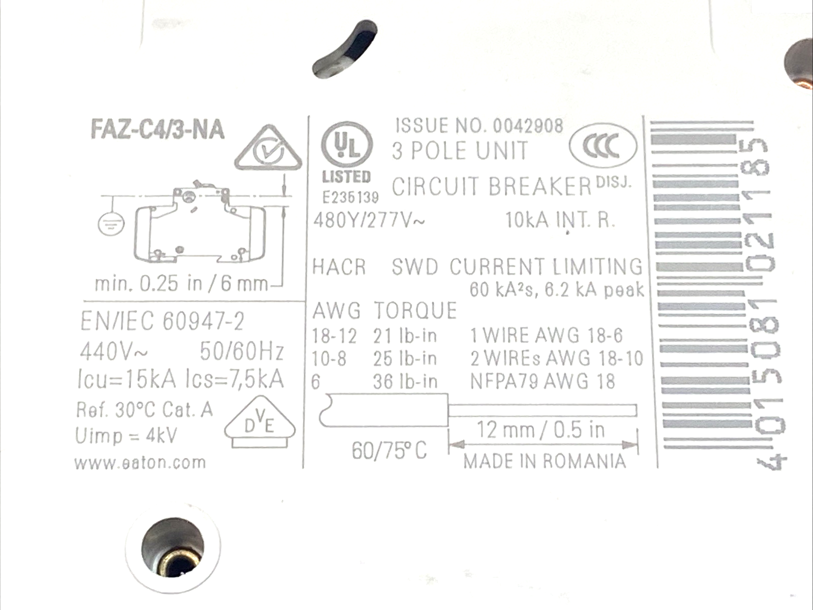 Eaton FAZ-C4/3-NA Circuit Breaker 3-Pole C-Curve 4A 102242 - Maverick Industrial Sales