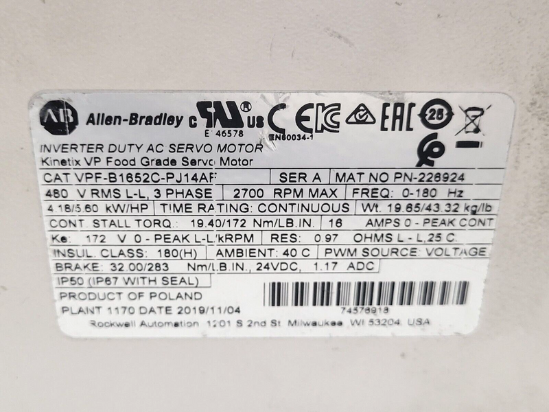 Allen Bradley VPF-B1652C-PJ14AF Inverter Duty AC Food Grade Servo Motor 480VAC - Maverick Industrial Sales