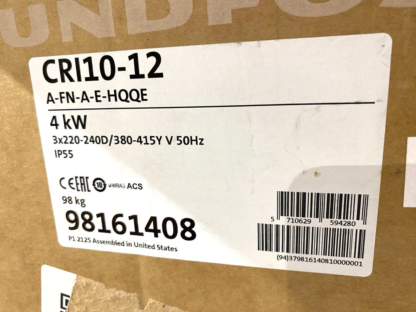Grundfos CRI 10-12 A-FN-A-E-HQQE Vertical, Multistage Centrifugal Pump 98161408 - Maverick Industrial Sales