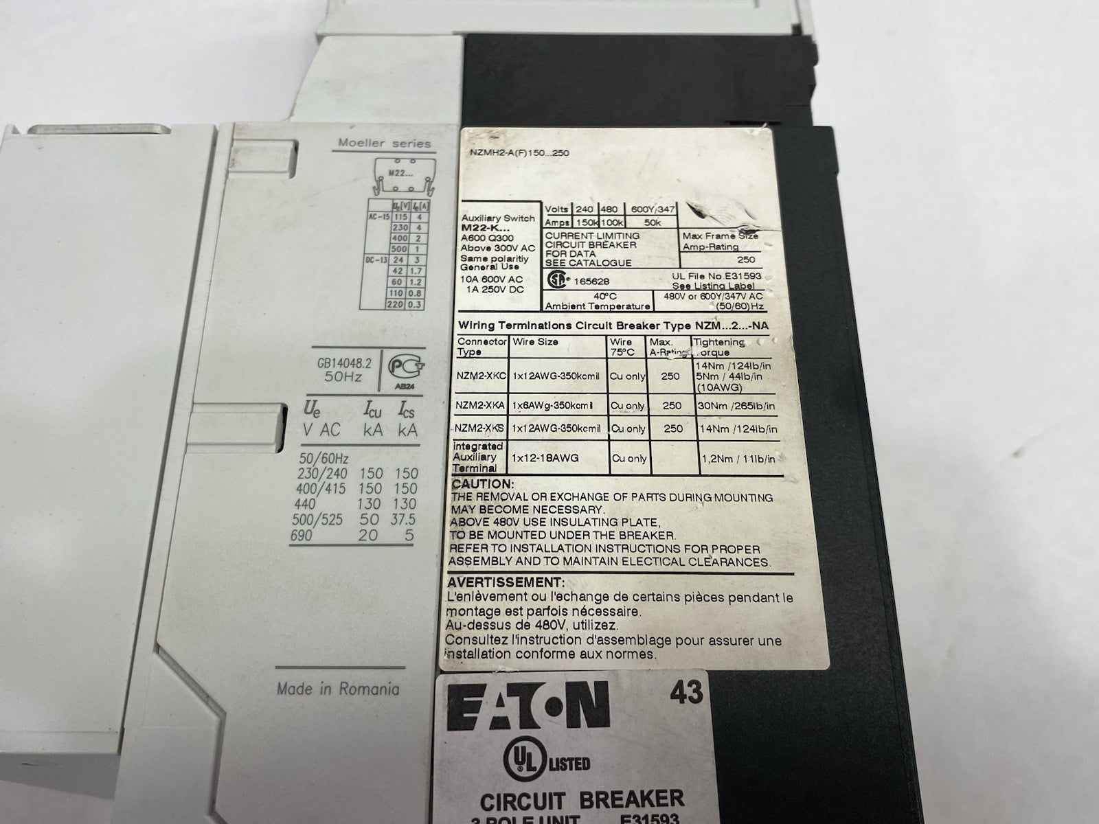 NZMH2-A160-NA | Eaton Molded Case Circuit Breaker w/ NZM2-XDV Switch Accessory - Used - Maverick Industrial Sales