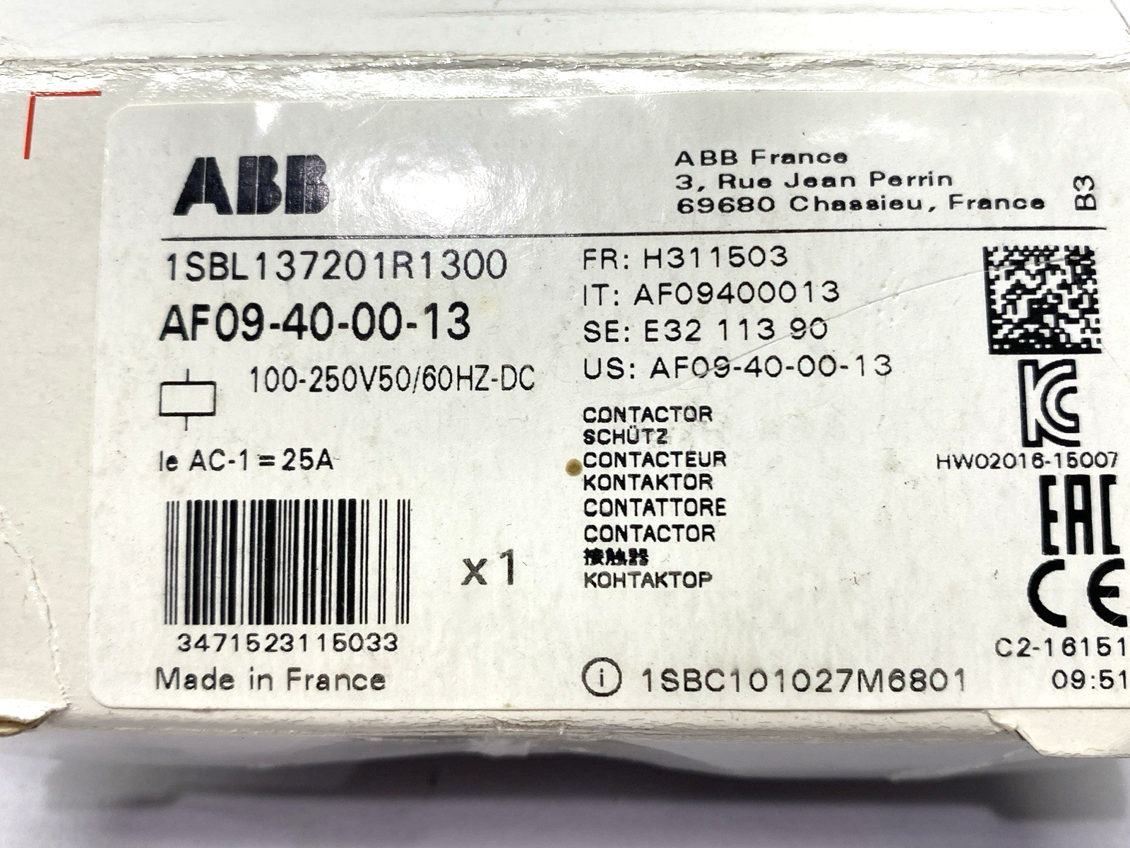 1SBL137201R1300 | ABB IEC Contactor 4-Pole 100-250V 50/60Hz AF09-40-00-13 - New – Open box - Maverick Industrial Sales