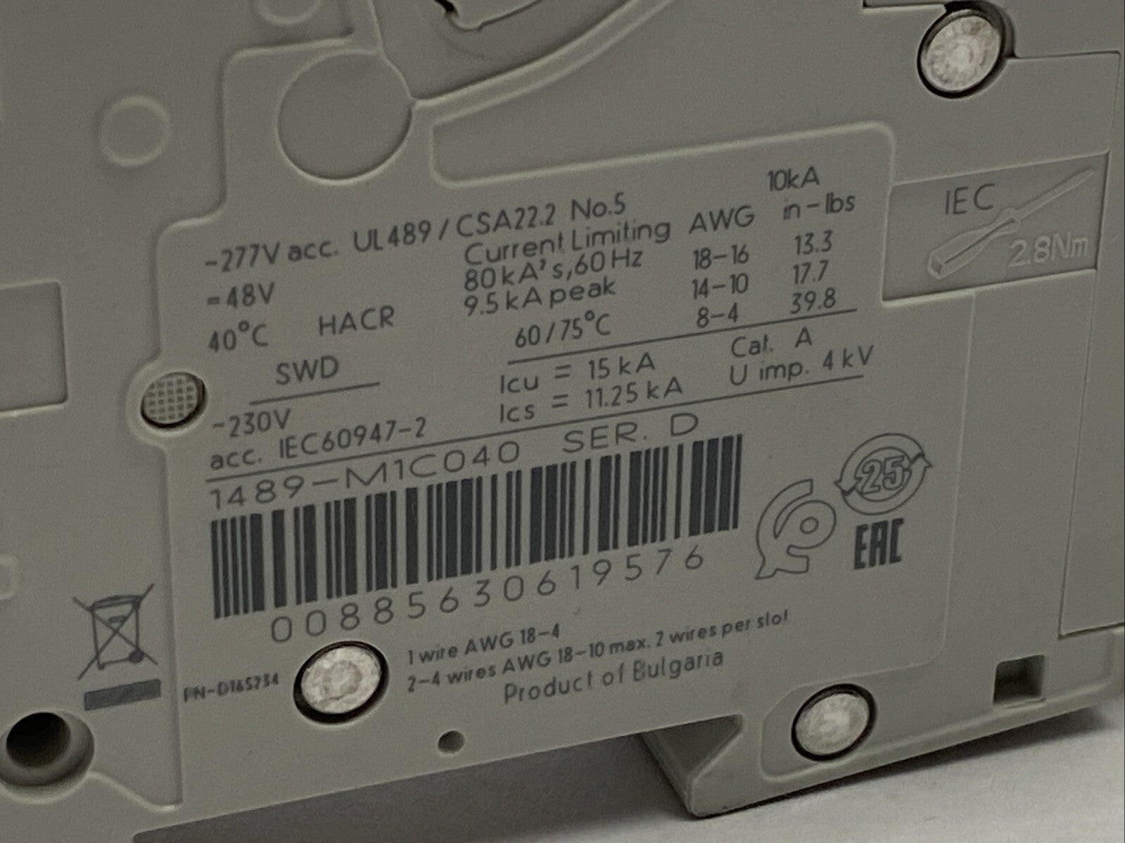 Allen Bradley 1489-M1C040 Ser D Circuit Breaker 1-Pole 4A 277V - Maverick Industrial Sales