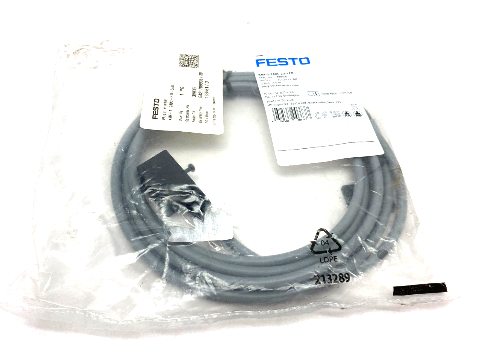 Festo KMF-1-24DC-2.5-LED Valve Plug Socket w/ Cable 2.5m Length 30935 - Maverick Industrial Sales