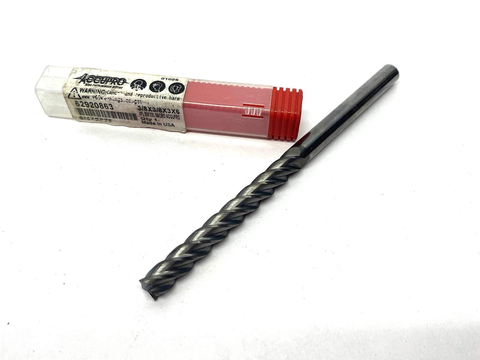 62920863 | Accupro Square End Mill: 3/8" Dia, 3" LOC, 4 Flute, Solid Carbide - New – Open box - Maverick Industrial Sales