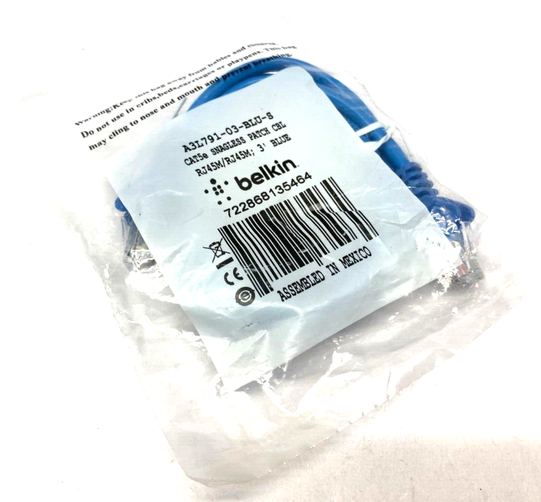 Belkin A3L791-03-BLU-S Cat5 Snagless Patch Cable RJ45 to RJ45 3' Length LOT OF 2 - Maverick Industrial Sales